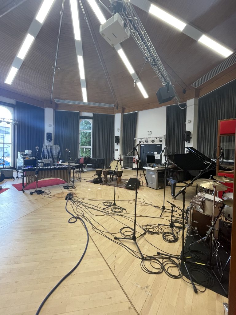 Large studio live room set up for a band recording